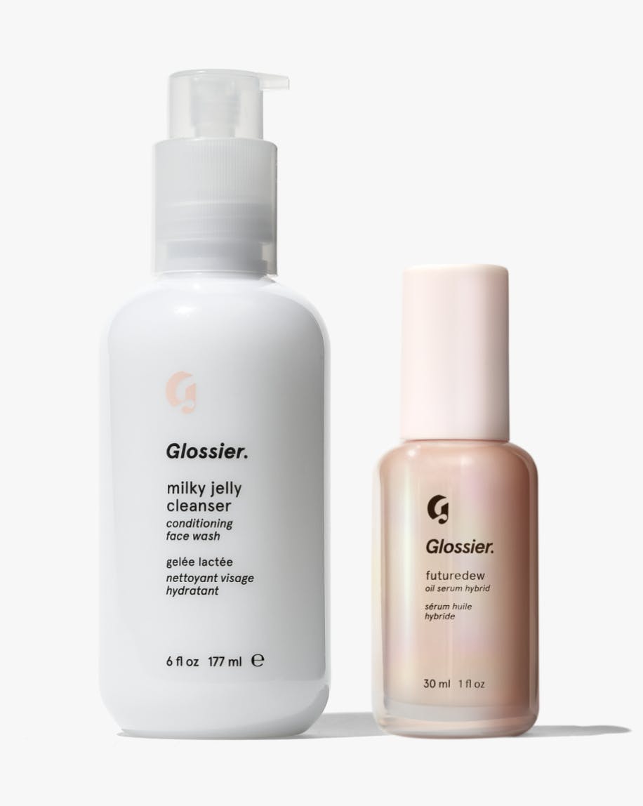 Our award-winning daily face wash, paired with a skin finisher that gives an all-day gleamy look.